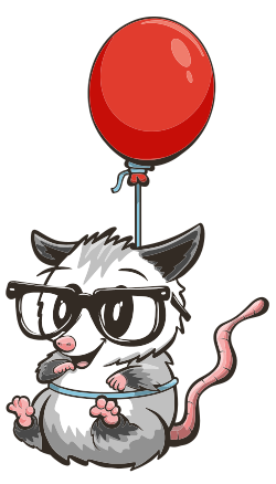 The possum mascot floating on a red balloon via a light blue tether attached at the waist. They are wearing oversized glasses.