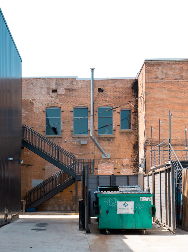 An alley way with a green dumpster. A brick building sits in the background with a small possum floating on a red balloon in the window.